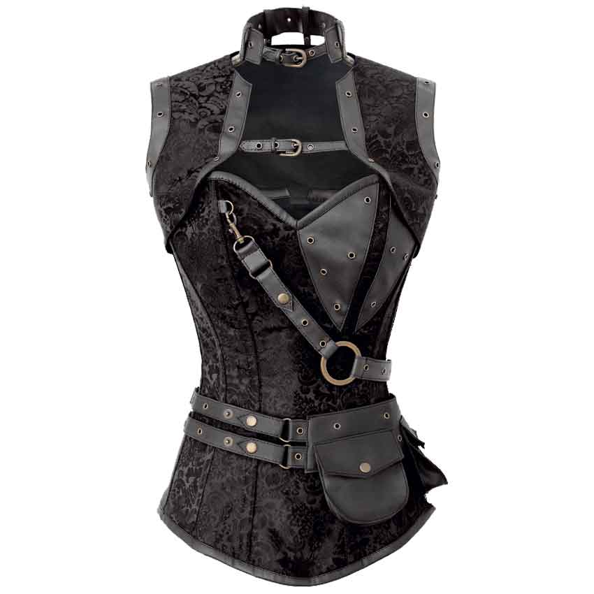 Brown Brocade Steampunk Corset with Chains for Women