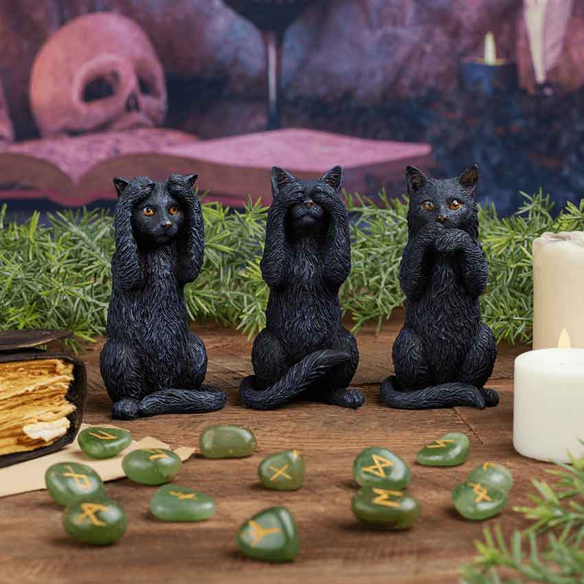 Hear, See, and Speak No Evil Black Kitten Statues