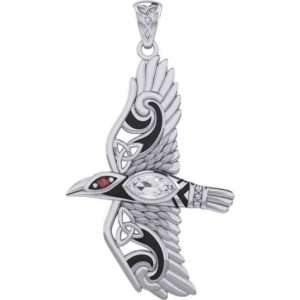 Silver Flying Raven with Gemstones Pendant