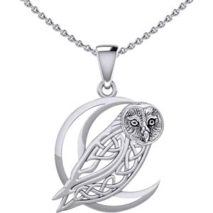 Silver Celtic Owl on Moon Pendant