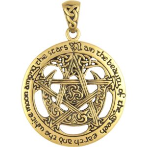 Inscribed Bronze Crescent Moon Pentacle Pendant