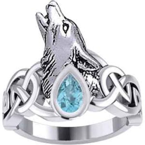 Silver Celtic Wolf with Gemstone Ring