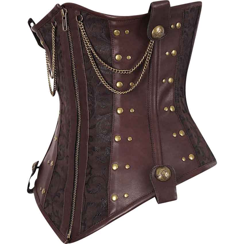 Scroll Pattern Zip Front Grommet Lace Up Back Overbust Corset