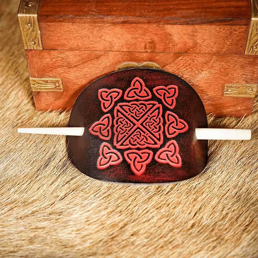 Solveig Viking Leather Hair Barrette - Maroon